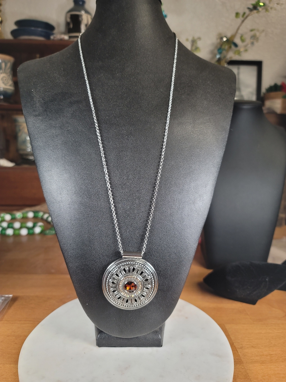 paparazzi Silver-Tone Round Pendant Necklace with Amber Accent